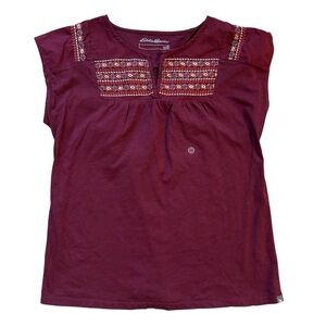 Eddie Bauer Tribal Embroidered Cotton Cap Sleeve T-shirt Boho Maroon Wine XS NEW